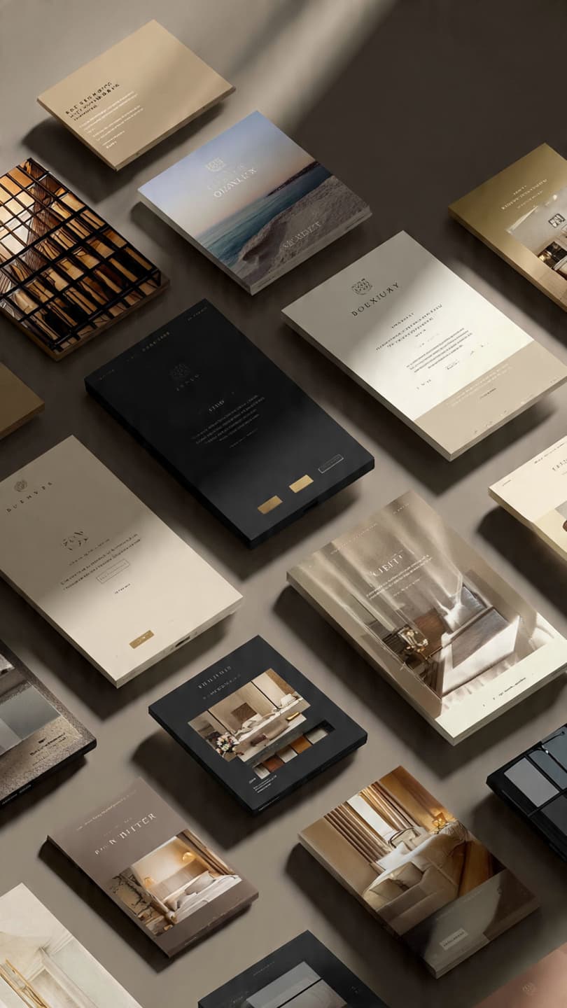 Luxury brand system flat-lay — print collateral, materiality, and tactile craft direction